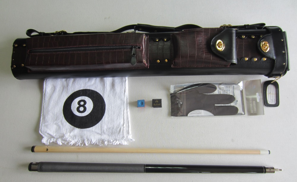 Taco Pool Buffalo - 13 mm + Estojo WINNER 2P/4V + Luvas Laperti + Toalha Bola 8 + Porta Giz Buffalo + Giz